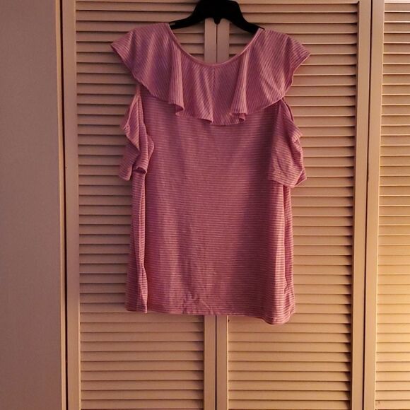 LANE BRYANT pink stripe cold shoulder top - Picture 2 of 7